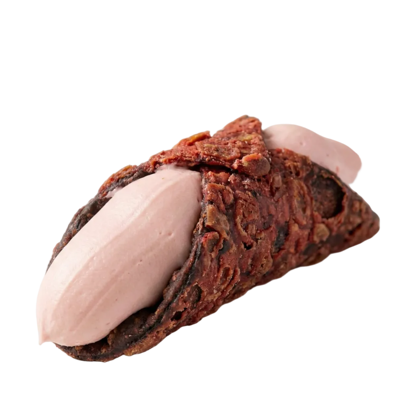 Chocolate pastry with pink cream filling on a white surface