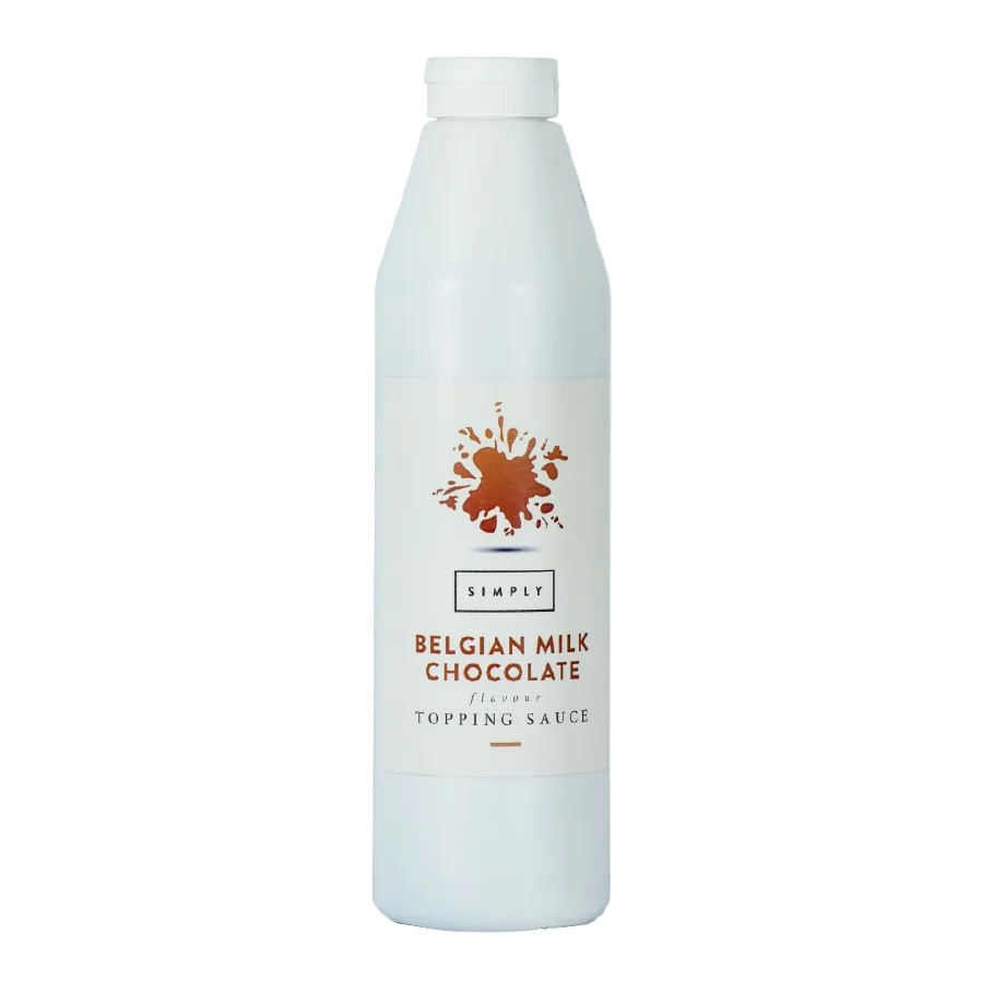 1kg bottle of Simply Belgian Milk Chocolate Sauce for coffee and dessert decoration