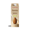 A 1-liter carton of Carraro 1927 Barista Almond plant-based milk, featuring a single almond splashing into creamy milk.