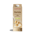 A 1-liter carton of Carraro 1927 Barista Soy plant-based milk, featuring soybeans splashing into creamy milk.