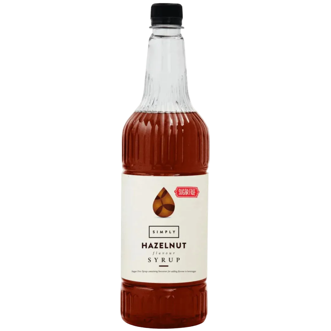 1 Litre bottle of Simply Hazelnut Sugar Free Syrup for coffee and sugar-free drinks
