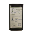 A dark metal tin of Giennella Virgin Olive Oil on a plain white background.