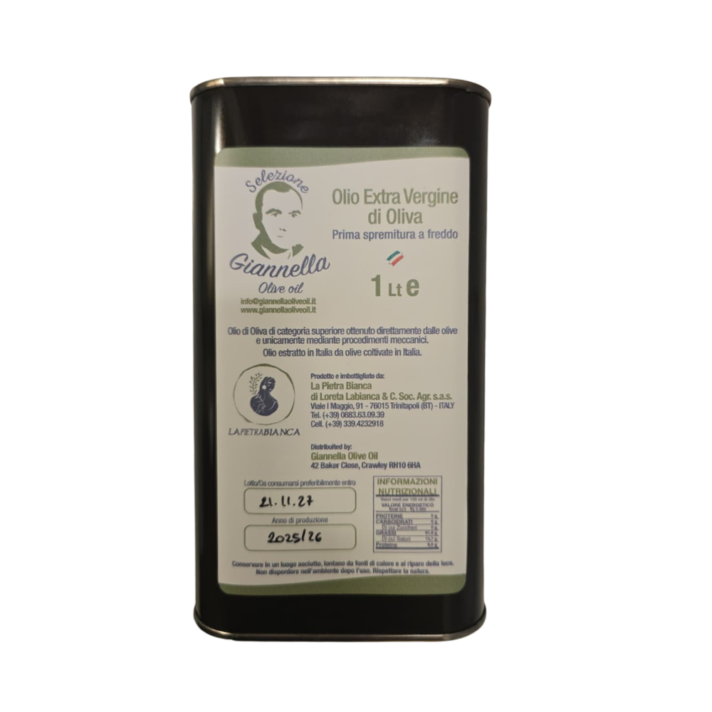 A dark metal tin of Giennella Virgin Olive Oil on a plain white background.
