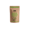 A detailed product shot of a resealable kraft paper pouch containing Fonte Green Matcha Latte (250g). The pouch features a green resealable top, the 'fonte' brand name, the text 'GREEN MATCHA LATTE', '250G', '50 SERVINGS', and '100% VEGAN', along with a detailed illustration of a green tea leaf. The pouch stands against a plain white background.
