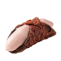 Chocolate pastry with pink cream filling on a white surface
