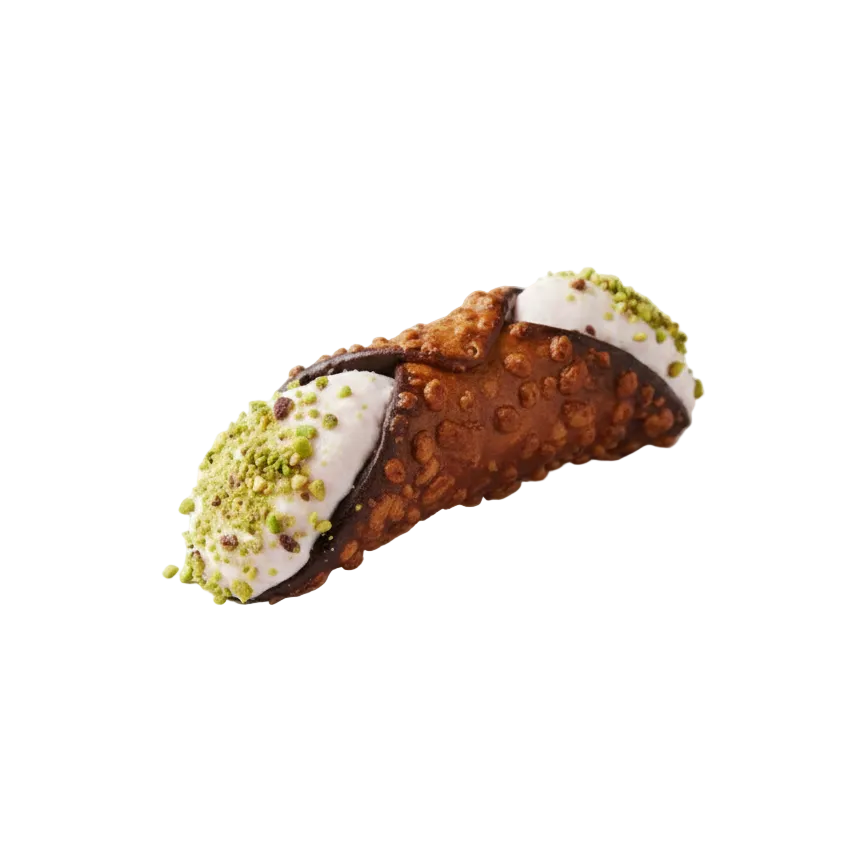 Pastry with chocolate shell, white cream, and green pistachio on a white background